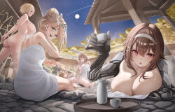 5girls absurdres ahoge arm_up armpits ass aviator_sunglasses bamboo_fence blonde_hair blue_eyes blue_hairband blush bottle breasts brown_hair car_(girls&#039;_frontline) choko_(cup) cleavage closed_mouth collarbone commentary_request completely_nude covering_privates cup eyewear_on_head fence full_body full_moon girls&#039;_frontline grizzly_mkv_(girls&#039;_frontline) hair_between_eyes hair_bun hair_intakes hair_ornament hairband hairclip highres holding holding_cup js_9_(girls&#039;_frontline) large_breasts long_hair looking_at_viewer mechanical_arms medium_breasts mole mole_under_eye moon multiple_girls naked_towel navel night nude nude_cover one_side_up onsen open_mouth outdoors parted_lips partially_submerged purple_eyes red_eyes rock sake_bottle same-sex_bathing shared_bathing short_hair sidelocks single_side_bun sitting sky smile snowflake_hair_ornament soaking_feet standing star_(sky) starry_sky steam sunglasses suomi_(girls&#039;_frontline) towel tree vsk-94_(girls&#039;_frontline) wakatsura-07 water wet white_hairband