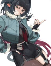 Rule 34 | 1girl, black gloves, black pantyhose, black shorts, blunt bangs, cowboy shot, fingerless gloves, fingernails, fur-trimmed jacket, fur trim, gloves, green eyes, green hair, green jacket, hand on own hip, high-waist pants, jacket, jane doe (zenless zone zero), long hair, looking at viewer, looking back, mayutsuba mono, nail polish, pants, pantyhose, red nails, shirt, shorts, sidelocks, simple background, single thighhigh, smile, solo, thighhighs, white shirt, zenless zone zero