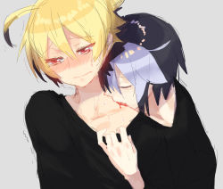 2boys ahoge bad_id bad_pixiv_id biting black_hair blonde_hair blood blush full-face_blush heart heart-shaped_pupils kido_hyde male_focus multicolored_hair multiple_boys neck_biting red_eyes seth_(under_night_in-birth) short_hair symbol-shaped_pupils trembling two-tone_hair under_night_in-birth white_hair yaoi yusano