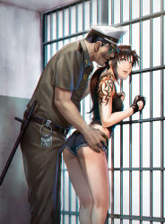 1boy 1girl arm_tattoo ass black_lagoon brown_hair bulge cell erection erection_under_clothes facial_hair grabbing_from_behind hat long_hair neck_grab open_mouth police police_hat police_uniform ponytail prison_cell revy_(black_lagoon) sunglasses tattoo