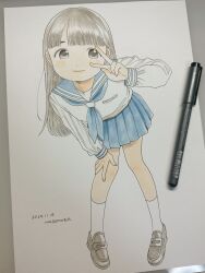 Rule 34 | 1girl, absurdres, art tools in frame, artist name, blue sailor collar, blue serafuku, blue skirt, blunt bangs, brown hair, brown shoes, closed mouth, dated, dot nose, drawing (object), dutch angle, hand on own knee, highres, kneehighs, knees together feet apart, leaning forward, loafers, long hair, long sleeves, miniskirt, nagomurasan, original, pastel (medium), photo (medium), pleated skirt, puffy long sleeves, puffy sleeves, sailor collar, school uniform, serafuku, shirt, shoes, signature, skirt, smile, socks, solo, swept bangs, traditional media, v, white shirt, white socks