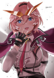 1girl black_choker black_gloves black_shorts blush choker eyewear_on_head fingerless_gloves gloves head_wings highres hololive jacket looking_at_viewer necktie open_mouth pink_hair pink_necktie red_jacket rokusketch shirt short_hair shorts solo sunglasses takane_lui takane_lui_(1st_costume) virtual_youtuber white_shirt wings