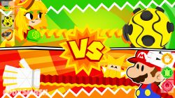 1boy 1girl absurdres arms_(game) artist_name beanie blonde_hair brown_hair eddysmash2407 eye_mask facial_hair hat highres mario mario_(series) megawatt_(arms) min_min_(arms) mustache nintendo olivia_(paper_mario) overalls paper_mario paper_mario:_the_origami_king paper_mario_(character) red_hat short_hair smile stretched_limb