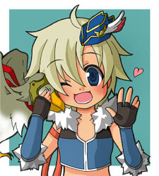 Rule 34 | 1girl, :d, ahoge, alternate color, bicorne, bird, blonde hair, blue background, blue gloves, blue hat, blue shirt, blush, brown gloves, brown shirt, commentary request, crop top, fingerless gloves, flat chest, fur-trimmed gloves, fur-trimmed shirt, fur trim, gloves, hat, hawk, looking at viewer, lowres, monou0135, one eye closed, open mouth, plume, ragnarok online, shirt, short hair, sleeveless, sleeveless shirt, smile, sniper (ragnarok online), solo, two-tone gloves, two-tone shirt, upper body, waving, white background