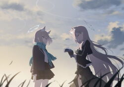 2girls animal_ear_fluff animal_ears aqua_scarf black_dress blue_archive blue_eyes blue_halo breasts choker cloud cloudy_sky cross cross_hair_ornament dark_halo dress extra_ears game_cg grey_hair hair_between_eyes hair_ornament halo highres inverted_cross large_breasts long_hair looking_at_another mask medium_hair multiple_girls official_art scarf shiroko_(blue_archive) shiroko_terror_(blue_archive) shirt sky tears twilight wolf_ears wolf_girl
