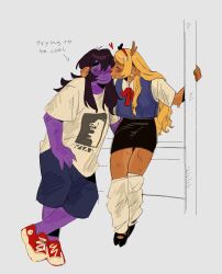 2girls ^_^ animal_ears antlers black_eyes black_shoes black_skirt blonde_hair blue_pants blue_sweater_vest blush bow bowtie brown_fur brown_hair buck_teeth capri_pants claws closed_eyes collared_shirt colored_sclera colored_skin colored_teeth commentary curly_hair deer_antlers deer_ears deer_girl deltarune english_commentary english_text flipped_hair freckles furry furry_female green_nails hand_on_another&#039;s_head heart heart_in_eye highres holding holding_pole horns kiss kissing_cheek leaning_on_person leg_warmers long_hair medium_hair multicolored_nails multiple_girls nail_polish noelle_holiday oversized_clothes pants pencil_skirt pole purple_skin red_bow red_bowtie red_nails red_nose red_shoes reptile_girl shirt shoes short_sleeves sidelocks simple_background skirt sneakers susie_(deltarune) susujenii sweater_vest symbol_in_eye t-shirt teeth thick_eyebrows vest white_shirt yellow_sclera yellow_teeth yuri