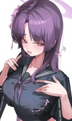 1girl absurdres alternate_costume black_sailor_collar black_serafuku black_shirt blue_archive blush breasts commentary_request cropped_shirt fang hair_ornament halo highres jun_daniell large_breasts long_hair looking_at_viewer neckerchief open_mouth purple_eyes purple_hair purple_halo purple_neckerchief sailor_collar school_uniform serafuku shirt simple_background skin_fang solo upper_body white_background yukari_(blue_archive)