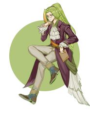 Rule 34 | 1girl, ankle boots, ascot, belt, black-framed eyewear, black eyes, boots, border, brown belt, brown boots, brown coat, chinese commentary, closed mouth, coat, collared shirt, commentary request, crossed legs, frilled sleeves, frills, full body, glasses, green background, green hair, grey pants, hair tie, hand on own chin, high ponytail, highres, holding, invisible chair, jiuyezi447, lace-up boots, long hair, looking ahead, open clothes, open coat, outside border, pants, personification, plants vs. zombies, plants vs. zombies 2, ponytail, quad braids, round border, shirt, simple background, sitting, smile, solo, stickybomb rice (plants vs. zombies), very long hair, white ascot, white border
