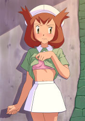 1girl absurdres beret bianca_(pokemon_heroes) blush bra breasts brown_eyes brown_hair clenched_hand closed_mouth clothes_lift commentary_request cowboy_shot day eyelashes frown green_shirt half-closed_eye hat highres lifting_own_clothes miraa_(chikurin) nintendo outdoors pink_bra pokemon pokemon_(anime) pokemon_(classic_anime) pokemon_heroes:_latios_&amp;_latias shirt shirt_lift short_sleeves skirt solo sweatdrop two_side_up underwear white_hat white_skirt