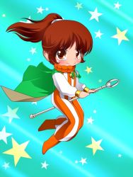 boots brown_eyes brown_hair cape child final_fantasy final_fantasy_iv jewelry ponytail porom square_enix staff star_(symbol) star_symbol_background