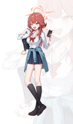 Rule 34 | 1girl, absurdres, alternate costume, aru (blue archive), bag, black socks, blue archive, bow, bowtie, brown shoes, cellphone, collared shirt, commentary, demon horns, full body, halo, highres, holding, holding bag, holding phone, horns, kneehighs, loafers, long hair, long sleeves, looking at viewer, okkimon, open mouth, phone, red bow, red bowtie, red hair, school bag, shirt, shirt tucked in, shoes, simple background, skirt, smartphone, smile, socks, standing, teeth, upper teeth only, v-shaped eyebrows, white background, white shirt, zoom layer