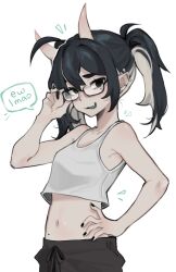 1girl absurdres adjusting_eyewear ahoge barbell_piercing black_eyes black_hair blonde_hair blue_tongue colored_tongue crop_top ear_piercing earrings fang glasses hand_on_own_hip highres horns industrial_piercing jewelry looking_at_viewer midriff mole mole_on_stomach mole_under_eye multicolored_hair nail_polish navel open_mouth original piercing pointy_ears skin-covered_horns skin_fang smile solo tank_top ttvrotomr twintails