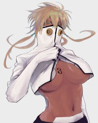 1girl artist_request bleach blonde_hair breast_tattoo breasts colored_eyelashes cropped_jacket dark-skinned_female dark_skin espada female_focus green_eyes highres large_breasts number_tattoo shiny_skin simple_background tattoo tier_harribel unzipped upper_body