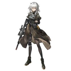 1girl black_pantyhose bullpup fingerless_gloves full_body game_cg girls&#039;_frontline girls&#039;_frontline_neural_cloud gloves gun highres holding holding_gun holding_weapon knee_pads looking_at_viewer messy_hair official_art olivia_(neural_cloud) pantyhose porafree scope single_knee_pad solo standing tachi-e third-party_source transparent_background weapon white_hair yellow_eyes