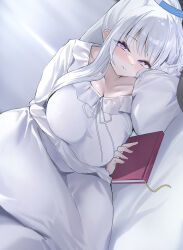 1girl absurdres bed bed_sheet blue_archive blush book breasts cleavage collarbone commentary dress halo highres holding holding_book indoors large_breasts long_dress long_hair long_sleeves lying mechanical_halo noa_(blue_archive) noa_(pajamas)_(blue_archive) on_bed on_side pajamas purple_eyes sidelocks smile tol10131 very_long_hair white_background white_dress white_hair white_pajamas
