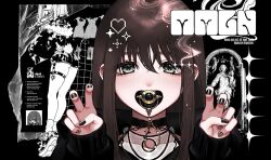 1girl bib black_jacket black_shoes blush brown_hair chain choker full_body hood hoodie jacket long_sleeves looking_at_viewer mamaloni mamaloni_(character) medium_hair o-ring o-ring_choker original oversized_clothes pacifier rosary shoes sleeves_past_fingers sleeves_past_wrists solo thighs