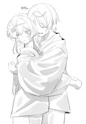 Rule 34 | 1boy, 1girl, alternate costume, averting eyes, blunt ends, blush, cheek bulge, clenched hand, closed eyes, collarbone, couple, eyelashes, facing another, flower, genshin impact, greyscale, hair between eyes, hair flower, hair intakes, hair ornament, hand on another&#039;s back, haori, heads together, hetero, hug, japanese clothes, kimono, korean text, long sleeves, lower teeth only, lumine (genshin impact), monochrome, open mouth, parted bangs, san bgb, scaramouche (genshin impact), short hair, short hair with long locks, sidelocks, sketch, smile, standing, tearing up, tears, teeth, wide sleeves, wispy bangs