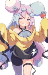 Rule 34 | 1girl, absurdres, bare shoulders, bike shorts, black shorts, blue hair, blush, bow-shaped hair, breasts, character hair ornament, creatures (company), dress, game freak, grey dress, grey pantyhose, grin, hair ornament, highres, iono (pokemon), jacket, long hair, long sleeves, looking at viewer, multicolored hair, nintendo, pantyhose, pelvic curtain, pink hair, poke ball, poke ball (basic), pokemon, pokemon sv, purple eyes, short dress, shorts, single leg pantyhose, sleeves past fingers, sleeves past wrists, small breasts, smile, solo, split-color hair, sushi no ikari, thighs, twintails, two-tone hair, yellow jacket