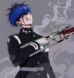 Rule 34 | 1boy, armband, black hair, blood, blood in hair, blood on clothes, blood on face, blood on gloves, bloody weapon, blue eyes, blue hair, earrings, eye print, eyepatch, face piercing, gakuran, gloves, grey background, hand up, highres, holding, holding weapon, jewelry, labret piercing, last defense academy school uniform, licking blood, looking at viewer, male focus, multicolored hair, nocchan chicchi, omokage yugamu, piercing, print eyepatch, school uniform, short hair, simple background, solo, the hundred line -last defense academy-, tongue, tongue out, upper body, weapon, white armband, white gloves