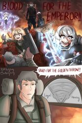 2boys 3girls adepta_sororitas animal_ears astra_militarum burlyswing cat_ears cat_girl chaos_(warhammer) confused death_korps_of_krieg english_text felinid fighting frieren gas_mask glowing glowing_eyes helmet highres holding holding_shovel holding_sword holding_weapon mask multiple_boys multiple_girls pile_of_corpses power_sword scar scar_on_face shovel sousou_no_frieren sword thunder warhammer_40k warhammer_40k:_darktide weapon white_hair