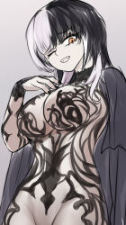1girl absurdres alternate_costume black_cloak black_dress black_hair black_nails breasts brulee chronopattern_dress cloak commentary dress english_commentary grey_background grin highres hololive hololive_english large_breasts meme_attire multicolored_hair one_eye_closed revealing_clothes shiori_novella simple_background smile solo split-color_hair teeth two-tone_hair virtual_youtuber white_hair yellow_eyes