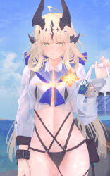 1girl absurdres arknights bag beach bikini black_bikini black_horns blonde_hair blue_sailor_collar blue_sky commentary_request cropped_shirt dragon_girl dragon_horns green_eyes highres holding holding_bag horns kira_guil long_hair looking_at_viewer outdoors partial_commentary reed_(arknights) reed_the_flame_shadow_(arknights) reed_the_flame_shadow_(summer_flower)_(arknights) sailor_collar see-through_clothes see-through_shirt shirt sky solo swimsuit tail white_shirt
