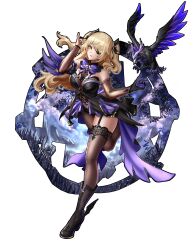 1girl absurdres arched_back bare_shoulders bird black_boots black_ribbon blonde_hair boots bow bowtie breasts brown_sleeves cleavage collar commentary crow detached_sleeves dress echo!_(tilapiawest) elbow_gloves embroidery english_commentary eyepatch fischl_(genshin_impact) fishnet_top fishnets full_body garter_straps genshin_impact gloves green_eyes hair_ribbon highres leotard long_hair looking_at_viewer medium_breasts outline oz_(genshin_impact) purple_bow purple_bowtie purple_dress ribbon single_leg_pantyhose single_sleeve single_thighhigh solo standing standing_on_one_leg swept_bangs tailcoat teeth thighhighs twintails white_background