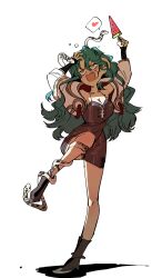 Rule 34 | 1girl, arms up, biting, blue hair, boots, breasts, cleavage, dress, food, full body, green eyes, grey boots, grey dress, hand on own head, hands up, heart, highres, hissabeth, holding, holding food, holding popsicle, jacket, long hair, looking up, pencil dress, popsicle, reverse:1999, short dress, sleeveless, sleeveless dress, snake, snake on head, snake wrapped around leg, solo, spaghetti strap, speech bubble, spoken heart, standing, standing on one leg, watermelon bar, white background, white jacket, ziyunshanding