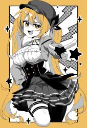Rule 34 | 1girl, absurdres, blonde hair, breasts, chest strap, cleavage, corset, cropped jacket, dokibird (vtuber), dokibird (vtuber) (retro doki), fingerless gloves, gamer supps, gloves, hat, highres, indie virtual youtuber, jacket, layered skirt, long hair, neck ribbon, open clothes, open jacket, open mouth, partially colored, pleated skirt, pointing, ribbon, skirt, solo, star (symbol), thigh strap, twintails, virtual youtuber, wiro x, yellow eyes