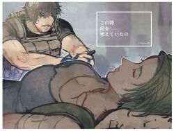 Rule 34 | 1boy, 1girl, beard, black hair, black shirt, blue shirt, carlos oliveira, closed eyes, facial hair, jill valentine, lying, mappo m2, mustache, on back, resident evil, resident evil 3: nemesis, resident evil 3 (remake), shirt, signature, sketch, translation request
