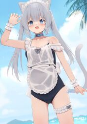 Rule 34 | 1girl, :d, absurdres, animal ears, apron, black one-piece swimsuit, blue collar, blue eyes, blue sky, blurry, blurry background, cat ears, cat girl, cat tail, cloud, collar, collarbone, commentary request, day, grey hair, highres, hinata (user rjkt4745), looking at viewer, maid headdress, ocean, one-piece swimsuit, open mouth, original, outdoors, sky, smile, solo, swimsuit, swimsuit under clothes, tail, thigh strap, white apron, wrist cuffs