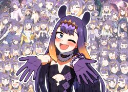 1girl ;d black_collar black_dress black_gloves black_hair blue_eyes blunt_bangs blush center-flap_bangs collar commentary_request cutout_above_navel ddolbang detached_sleeves dress fang flat_chest fur-trimmed_collar fur_trim gloves gradient_hair grey_eyes headpiece highres hololive hololive_english korean_commentary long_hair long_pointy_ears looking_at_viewer mole mole_under_eye multicolored_hair multiple_views ninomae_ina&#039;nis ninomae_ina&#039;nis_(1st_costume) one_eye_closed open_mouth orange_hair pointy_ears purple_gloves reaching reaching_towards_viewer sidelocks single_detached_sleeve smile straight_hair strapless strapless_dress tentacle_hair tube_dress upper_body very_long_hair virtual_youtuber