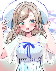 1girl :d aqua_eyes blue_dress breasts ceras_yanagida_lilienfeld ceras_yanagida_lilienfeld_(summer_casual) commentary_request dress grey_hair hair_ribbon hat highres jacket large_breasts link!_like!_love_live! long_hair love_live! official_alternate_costume open_clothes open_jacket open_mouth pink_ribbon ribbon short-sleeved_jacket short_sleeves sleeveless sleeveless_dress smile solo sun_hat tsujigiri upper_body virtual_youtuber white_hat white_jacket