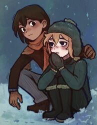 2boys alternate_costume alternate_eye_color basil_(omori) black_boots black_eyes blush boots brown_gloves brown_hair brown_scarf closed_mouth gloves grey_pants highres kel_(faraway)_(omori) kel_(omori) long_sleeves looking_at_another male_focus mittens multiple_boys omori ottie_pops pants parted_lips scarf short_hair snow snowing squatting