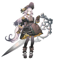 1girl animal_ears animal_feet apron aqua_eyes arm_at_side asymmetrical_sidelocks belt black_dress black_hat black_pantyhose blue_eyes boots brown_apron brown_gloves choker closed_mouth dress droopy flipped_bangs flower full_body gloves gradient_pantyhose hand_up hat hat_flower highres holding holding_weapon lace lace_choker light_blush light_frown long_hair looking_ahead low-tied_sidelocks open-toe_boots original pale_skin pantyhose short_eyebrows sidelocks simple_background solo split_mouth standing tachi-e toga_(toganawa) two-sided_gloves weapon white_background white_hair white_tail yellow_flower yellow_trim