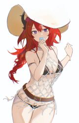 1girl 2naom8q6gt87292 absurdres arknights belt belt_buckle bikini black_bikini black_horns blending breasts brown_belt brown_hat buckle chromatic_aberration cleavage commentary cowboy_shot eating food hair_between_eyes hat highres holding holding_food holding_popsicle horns long_hair looking_at_viewer medium_breasts popsicle purple_eyes red_hair simple_background solo standing sun_hat surtr_(arknights) swimsuit white_background