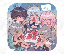 Rule 34 | 2girls, 3boys, alternate costume, alternate hairstyle, bare shoulders, barefoot, beach, black hair, black pants, black shorts, black skirt, black tank top, blue eyes, blue hair, blue shirt, blue shorts, blue sky, blush, border, bracelet, caelus (honkai: star rail), camera, can, closed eyes, cloud, cloudy sky, commentary, crispyfrites, dan heng (honkai: star rail), day, dragon boy, dragon tail, drink can, dual persona, earrings, eyeliner, feathered wings, food, fruit, full body, gold bracelet, gold earrings, grey hair, hair between eyes, half-closed eyes, halo, halo behind head, head wings, high ponytail, highres, holding, holding camera, holding can, holding food, holding fruit, holding watermelon, honkai: star rail, honkai (series), hood, hooded jacket, hot, jacket, jewelry, long hair, long sleeves, looking afar, looking at another, looking at food, makeup, march 7th (honkai: star rail), midriff, multicolored eyes, multiple boys, multiple girls, open clothes, open mouth, open shirt, outdoors, pants, picnic blanket, pink hair, ponytail, purple eyes, red eyeliner, sand, seiza, shadow, shirt, short hair, shorts, sidelocks, single earring, sitting, skirt, sky, smile, soda can, speech bubble, spoken sweatdrop, star (symbol), stelle (honkai: star rail), summer, sunday (honkai: star rail), sweat, sweatdrop, symbol-only commentary, tail, tank top, teeth, thigh strap, trailblazer (honkai: star rail), two-tone shirt, watermelon, watermelon slice, white border, white jacket, white shirt, white tank top, wings, yellow eyes