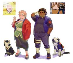 Rule 34 | animal, animalization, beard stubble, breasts, cat, cleavage, clothed animal, dark-skinned male, dark skin, facial hair, fat, fat man, forehead protector, hatake kakashi, large breasts, long skirt, mapplepng1, naruto (classic), naruto (series), pakkun (naruto), personification, plump, reference inset, shizune (naruto), short hair, simple background, skirt, smile, stubble, tonton (naruto)
