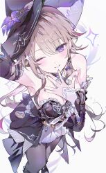 Rule 34 | 0202ase, 1girl, absurdres, arm up, armpit crease, bare shoulders, black dress, black hat, black sleeves, blush, breasts, brown hair, commentary, detached sleeves, dress, feet out of frame, flower, from above, grin, hat, hat flower, herta (honkai: star rail), highres, honkai: star rail, honkai (series), long hair, long sleeves, looking at viewer, one eye closed, purple eyes, purple flower, purple nails, simple background, smile, solo, sweat, sweatdrop, symbol-only commentary, the herta (honkai: star rail), white background, witch hat