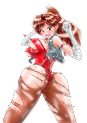 absurdres ass ass_focus breakers breakers_revenge breasts brown_hair hair_tied_back headband highres jacket large_breasts leotard long_hair pantyhose ponytail tia_langray torn_clothes torn_leotard torn_pantyhose