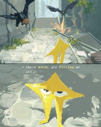 bird breath_weapon breathing_fire creature crossover day deltarune elden_ring english_text fire highres holo303 no_humans outdoors stairs star_(symbol) the_original_starwalker warhawk_(elden_ring)