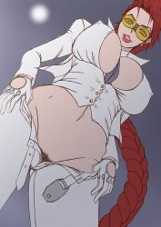 1girl braid breasts capcom cleavage crimson_viper female_focus female_pubic_hair from_below glasses gloves large_breasts navel necktie papepox2 ponytail pubic_hair red_hair single_braid solo street_fighter street_fighter_iv_(series) wide_hips