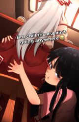 2girls :t absurdres alcohol arm_around_waist ass beer black_eyes black_hair blunt_bangs ceiling_light cloudykeyz cup deep_skin fujiwara_no_mokou grabbing_another&#039;s_ass groping hand_on_another&#039;s_ass highres houraisan_kaguya long_hair long_sleeves looking_at_viewer multiple_girls on_chair pants pink_shirt pout puffy_short_sleeves puffy_sleeves red_pants shirt shirt_tucked_in short_sleeves sitting suspenders table touhou twitter_username very_long_hair white_hair wooden_chair wooden_table yuri