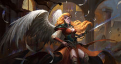 Rule 34 | 1girl, angel, angel wings, chinnkun, fantasy, feathered wings, feathers, halo, holding, holding sword, holding weapon, legend of the cryptids, long hair, looking at viewer, multiple wings, orange eyes, painterly, pointy ears, puffy short sleeves, puffy sleeves, ruins, seraph, short sleeves, sword, thighhighs, weapon, wings, wings of fire, yellow halo
