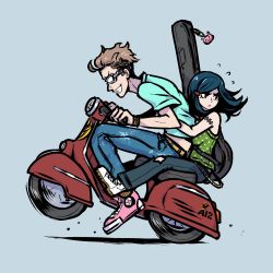 1boy 1girl akairiot aqua_shirt belt black_hair blue_background blue_pants brown_hair goggles green_shirt highres kathleen_(akairiot) long_hair motor_vehicle original otto_(akairiot) pants parted_lips pink_shoes profile scooter shirt shoes short_hair short_sleeves simple_background sleeveless sleeveless_shirt smile sunglasses torn_clothes torn_pants vespa white_footwear