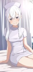 1girl absurdres bed_sheet blush breasts colored_eyelashes curtains dress echidna_(re:zero) grey_eyes hair_between_eyes hat highres indoors long_hair long_sleeves looking_at_viewer na-suke nurse nurse_cap on_bed re:zero_kara_hajimeru_isekai_seikatsu sitting smile solo white_eyelashes white_hair