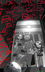 1boy 2girls animal_ears ball bow bowling_ball ceiling ceiling_light commentary constricted_pupils dress english_commentary gloves greyscale hair_bow hat highres jax_(the_amazing_digital_circus) light monochrome multiple_girls overalls patchwork_clothes pomni_(the_amazing_digital_circus) rabbit_boy rabbit_ears rabbit_paws ragatha_(the_amazing_digital_circus) scared sonokare spot_color sweatdrop the_amazing_digital_circus two-tone_bodysuit two-tone_hat white_gloves wooden_floor