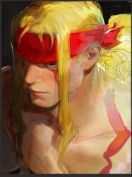 1boy alex_(street_fighter) alsonotdon black_background blonde_hair blue_eyes body_markings closed_mouth collarbone commentary facial_mark hair_intakes headband highres long_hair male_focus pectorals ponytail red_headband solo street_fighter topless_male unfinished upper_body