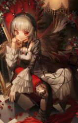1girl absurdres armchair black_dress black_hairband black_ribbon black_wings brooch chair closed_mouth cushion detached_collar doll_joints dress elbow_rest feathered_wings flower flower_brooch frilled_hairband frills gothic_lolita grey_hair hairband highres indoors jewelry joints juliet_sleeves lamp layered_sleeves lolita_fashion lolita_hairband long_hair long_sleeves looking_at_viewer paldu petals portrait_(object) puffy_sleeves red_eyes red_flower red_petals red_rose ribbon rose rose_petals rozen_maiden sitting smile solo suigintou tile_floor tiles white_dress wings