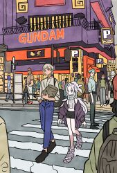 alternate_costume amate_yuzuriha backpack bag bask_om beanie black_hair blonde_hair blue_eyes brown_hair casual challia_bull collared_shirt comoli_harcourt conch_(gundam) crosswalk deux_murasame gates_capa goggles green_hair green_shirt gundam gundam_gquuuuuux haro hat highres jacket multiple_boys multiple_girls nyaan_(gundam_gquuuuuux) parking_garage purple_hair red_hair road scarf shirt shuji_ito street takeuchi_ryousuke tan white_hair xavier_olivette
